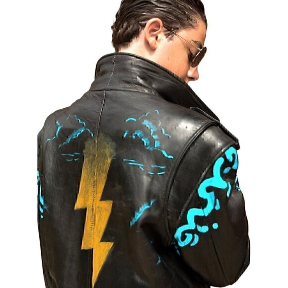 Vintage black leather bomber jacket hand painted turquoise lightening mens sz M